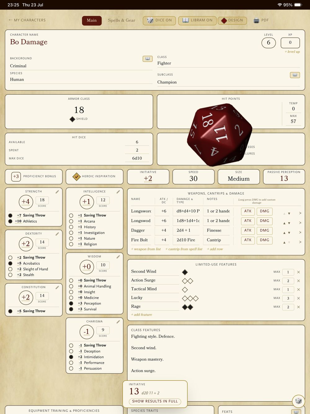 A red d20 tumbling across the PC on Parchment character sheet